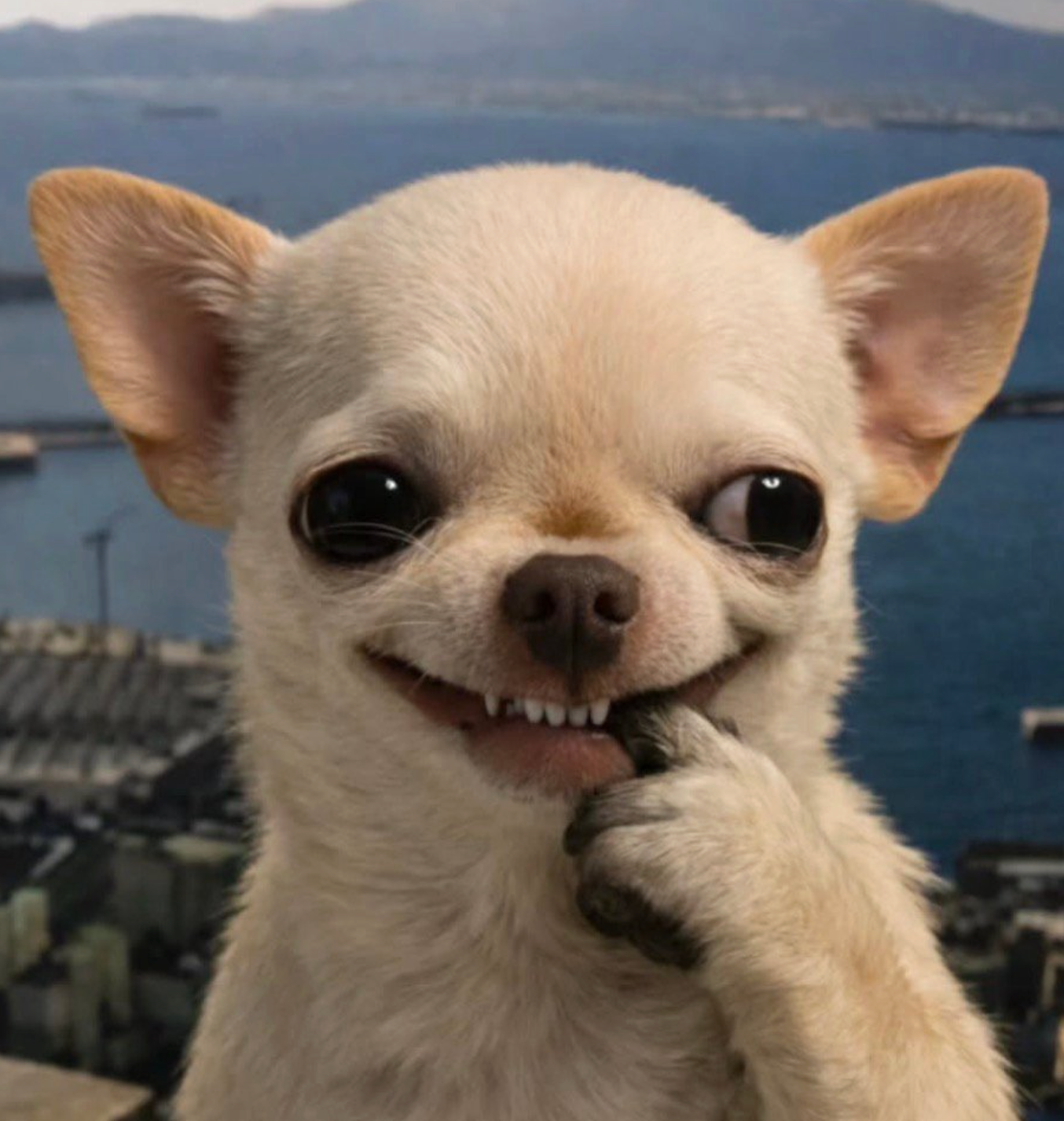This close-up image features a cream-colored chihuahua with an incredibly human-like, wide grin, revealing its lower teeth. Its large, dark eyes are wide and slightly askew, giving it a comically mischievous or perhaps slightly nervous expression. One paw is raised to its mouth, as if it's biting a nail in contemplation or mild anxiety, adding to its anthropomorphic charm. The background is a blurred, expansive view of a city or port alongside a vast blue body of water, suggesting a high-rise urban or coastal setting. This grand backdrop humorously contrasts with the dog's intense, personal moment. This iconic image is strongly reminiscent of Papi from the "Beverly Hills Chihuahua" movies, known for his expressive, anthropomorphic antics. The dog's exaggerated smile and 'thoughtful' paw create a wonderfully humorous and relatable moment, as if he's just pulled off a prank or is plotting his next adventure.