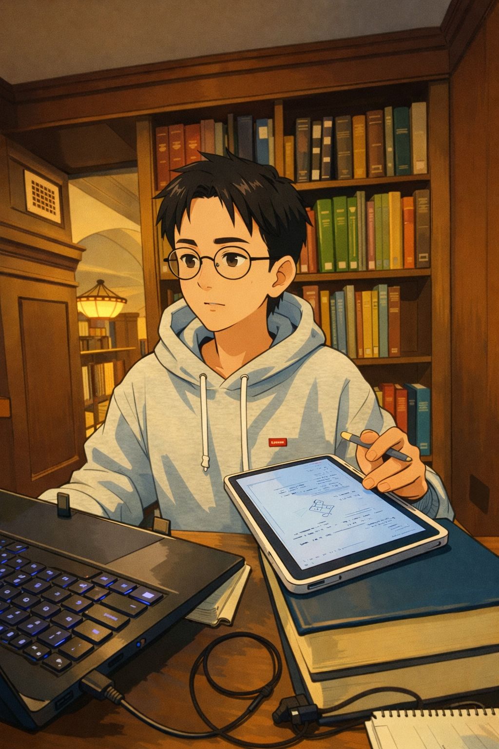 An anime-style young man with dark hair and round glasses, wearing a light grey hoodie with a small red 'Lovers' tag, is depicted in a cozy library setting. He appears thoughtful and focused, gazing slightly off-camera while holding a stylus over a tablet displaying notes or diagrams. To his left, a laptop with glowing blue keys sits open, and the tablet rests on a stack of books. The background features warm, wooden bookshelves packed with colorful volumes, creating an inviting academic atmosphere that perfectly complements his studious demeanor. The 'Lovers' tag on his hoodie adds a subtly humorous, unexpected touch to his otherwise serious study session, perhaps suggesting a hidden romantic side amidst his intellectual pursuits.