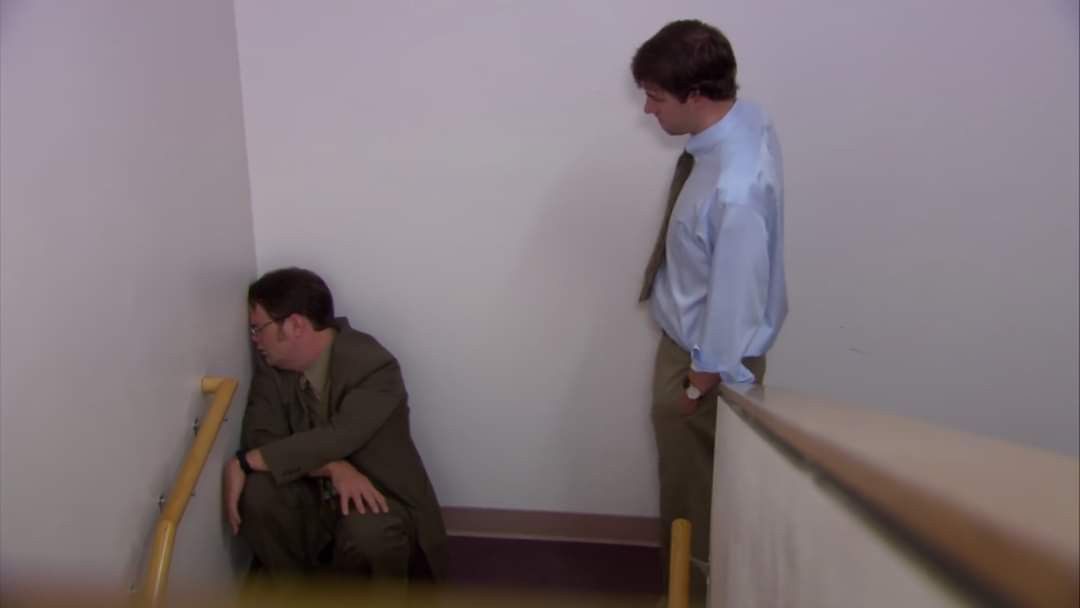 Jim watching Dwight become a therapy case, dying.