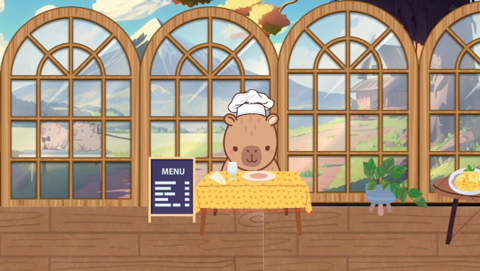 A charming, anthropomorphic bear chef, wearing a crisp white toque, stands behind a small, polka-dotted table, ready to serve. Its wide, innocent eyes and slightly open mouth suggest a friendly, eager demeanor, perhaps a bit shy. The cozy, rustic restaurant interior features a wooden counter and large arched windows offering a breathtaking view of rolling green hills, distant snow-capped mountains, and autumn-kissed trees. A small, rustic house is nestled in the background, adding to the idyllic scene. Humorous pig-like creatures, one sporting a dapper bow tie, peer in from outside the left window, seemingly enjoying the view or awaiting their turn. The setting evokes a whimsical, peaceful eatery where nature and culinary charm intertwine. I am unable to identify any famous or recognizable content in this image including people, shows, movies, locations, brands, events, popular memes, or cultural references.