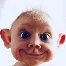 This close-up image features a baby's head against a plain white background, instantly recognizable as a popular internet meme. The baby's demeanor is hilariously mischievous, with exaggerated features that amplify its playful, almost devious expression. Its eyes are comically large and wide-set, gazing slightly to the left with a knowing glint. A broad, toothless smile stretches across its face, creating deep dimples and a sense of impending mischief. The ears are also notably large and prominent, adding to the caricature-like appearance. The sparse, light hair on its head completes this iconic, humorous portrayal of a baby plotting its next adorable prank.