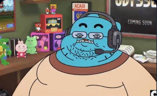 The image captures Richard Watterson from "The Amazing World of Gumball," looking hilariously weary or intensely focused, sporting a gaming headset with a microphone and thick-rimmed glasses. His usually smooth blue face is adorned with stubble, enhancing his tired, almost grumpy demeanor. He wears a simple beige shirt, highlighting his large, round form. The background is a vibrant, nostalgic collection of toys, including a Teenage Mutant Ninja Turtle, a pink bunny, a green cat, and pixelated figures. A prominent poster advertises "ACARI" and "ODYSSEY COMING SOON," clear parodies of Atari and the Magnavox Odyssey, perfectly aligning with the show's signature meta-humor and pop culture references. The humor stems from Richard's unexpectedly serious, yet exhausted, gamer or call center aesthetic amidst the playful, chaotic setting.