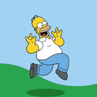 The image features Homer Simpson, the iconic character from "The Simpsons," caught in a moment of exaggerated panic or surprise. His demeanor is one of utter alarm, with wide, bulging eyes, a gaping mouth, and both hands raised in a classic 'scared' gesture, fingers splayed. He appears to be mid-stride, perhaps running or stumbling, with his body leaning forward and one foot lifted, casting a small shadow beneath him. Homer is depicted in his signature white short-sleeved shirt and light blue pants. The background is minimalist, consisting of a vibrant green hill sloping upwards on the left and a clear, light blue sky, perfectly matching the simple, cartoonish aesthetic of the beloved animated series. The humor lies in Homer's comically over-the-top reaction, a staple of his character, against the serene, unassuming backdrop.