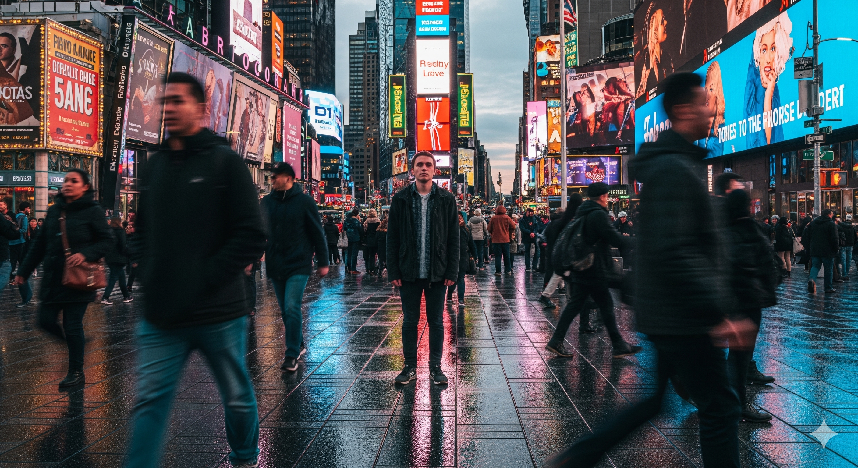 A young man stands with a remarkably calm and neutral demeanor, looking directly at the viewer, amidst the overwhelming visual cacophony of a bustling city street, strongly resembling Times Square. He is the only sharp figure, a still point in a sea of motion, as blurred pedestrians rush past him on a wet, reflective pavement that mirrors the vibrant, nonsensical glow of countless digital billboards. The towering buildings are adorned with bright, indecipherable advertisements, creating a surreal, almost dreamlike backdrop. The humor lies in his composed stillness, a human anchor seemingly unfazed by the chaotic, brightly lit world swirling around him, as if contemplating the absurdity of the blurred, gibberish-filled urban spectacle.
