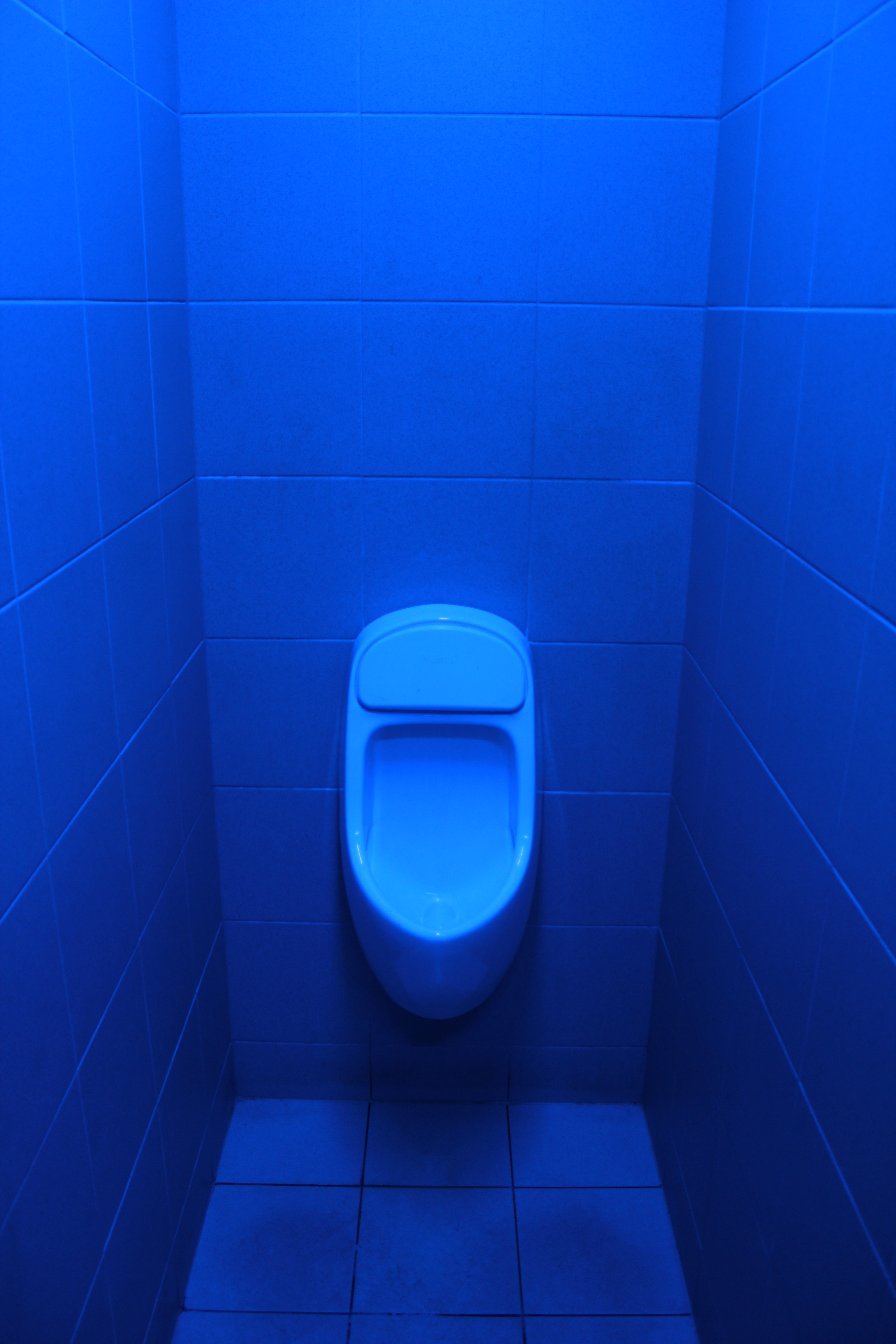This image features a solitary white urinal, bathed in an intense, almost otherworldly blue light, standing stoically against a backdrop of matching blue tiles. The entire room, from floor to ceiling, is uniformly tiled in this deep azure, creating a monochromatic and somewhat surreal environment. The urinal, the sole subject, appears to be patiently awaiting its purpose, its smooth, clean surface reflecting the vibrant blue glow. The background, a stark blue tiled room, transforms a mundane public restroom into a scene that could be from a sci-fi film or an avant-garde art installation. The overwhelming blue hue gives the utilitarian fixture an unexpected dramatic flair, as if it's on a stage. One might humorously imagine the urinal pondering its existence in such a dramatically lit, singular space, perhaps wondering if it's part of a 'blue period' art exhibit or a very exclusive, color-coded club.