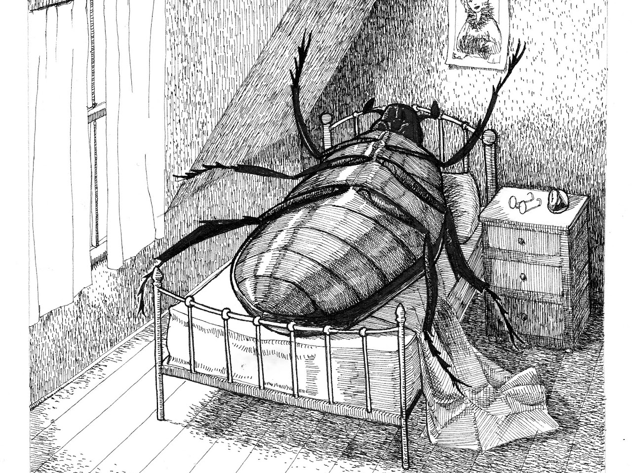 This detailed pen-and-ink drawing depicts a colossal beetle, strongly evoking Franz Kafka's 'The Metamorphosis,' sprawled uncomfortably in a human bed. Its segmented body and splayed legs suggest a bewildered or resigned demeanor, perhaps struggling with the indignity of its new form or simply trying to get out of bed. The rumpled blanket and disheveled appearance add to the humor of its predicament. The background is a modest bedroom, featuring a window with curtains, a nightstand holding glasses and an alarm clock, and a framed portrait of a woman on the wall. The mundane setting starkly contrasts with the surreal occupant, highlighting the absurdity of the situation. The beetle's struggle with the human-sized bed is a darkly humorous take on a very bad morning.