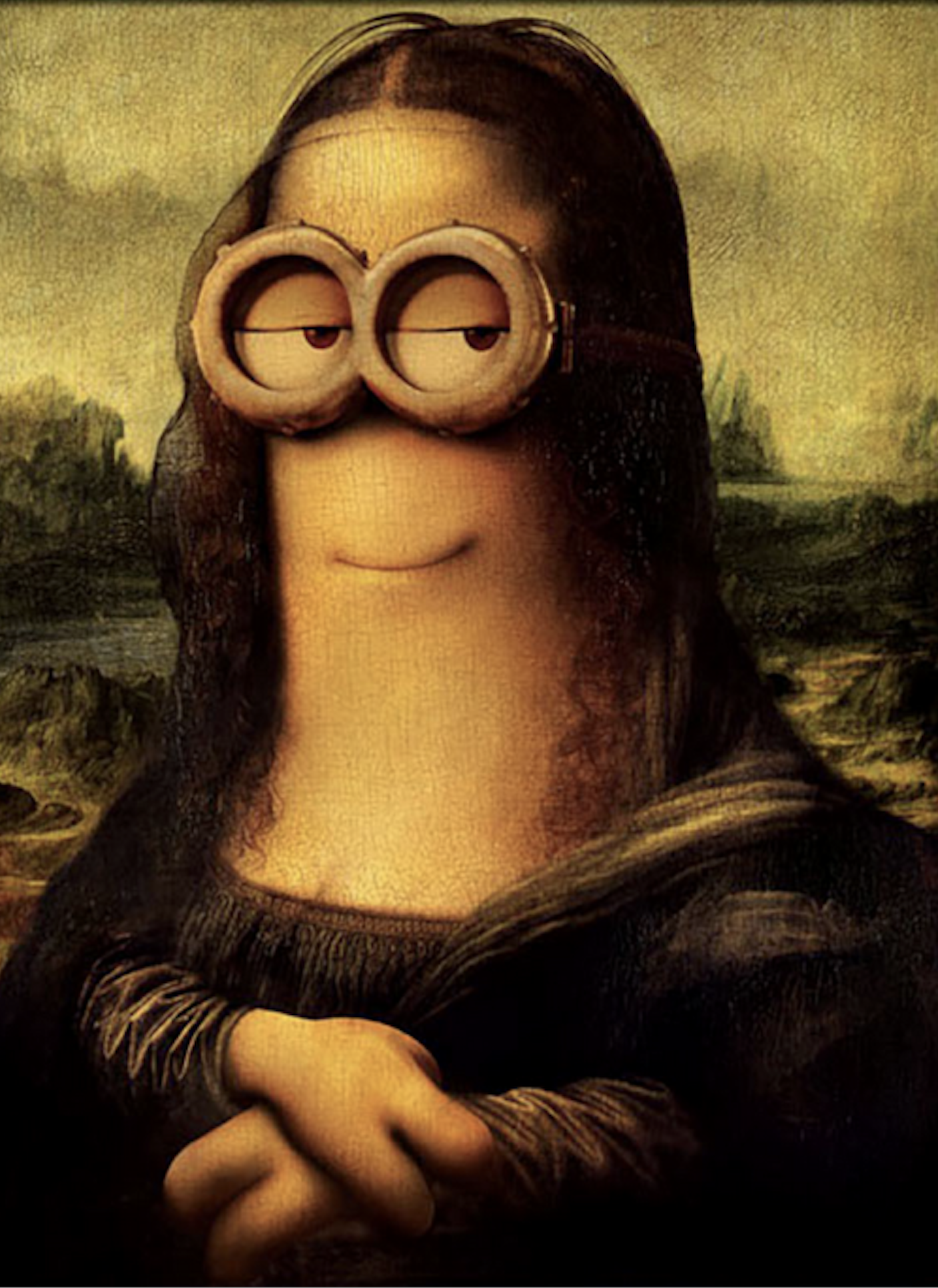 This humorous digital artwork presents a delightful cultural mashup, transforming Leonardo da Vinci's iconic Mona Lisa into a Minion from the 'Despicable Me' franchise. The subject, now a yellow, cylindrical Minion, retains the Mona Lisa's classic pose and dark attire, but its face is replaced by the Minion's signature goggles and a simple, enigmatic smile. The Minion's eyes, peeking through the goggles, appear half-closed, giving it a comically sly and relaxed demeanor, a playful twist on the original's famous gaze. The background, the Mona Lisa's familiar hazy, mountainous landscape, remains untouched, creating a wonderfully absurd contrast between classical art and modern pop culture. This clever parody finds humor in the unexpected fusion, making the revered portrait instantly recognizable yet hilariously recontextualized.