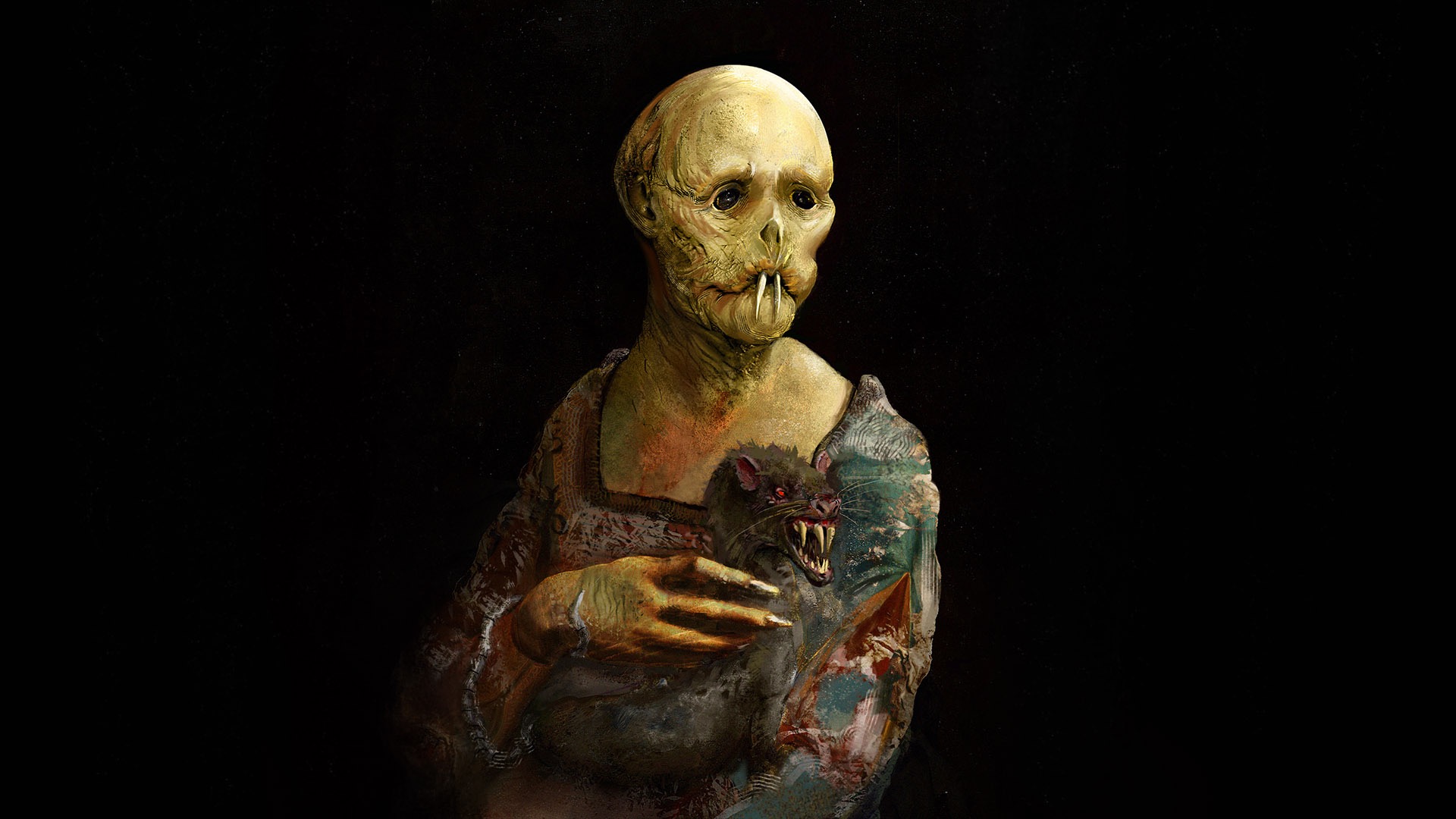 This image is a darkly humorous, horror-themed parody of Leonardo da Vinci's iconic Mona Lisa. The subject is a grotesque, skeletal-like figure with pale, sunken features and two prominent fangs, replacing the original's serene expression with a vacant, almost melancholic stare. Clutched in its bony hands is a monstrous, dark-furred rat with glowing red eyes and menacing fangs, a truly unsettling "pet." The figure wears a tattered, aged gown reminiscent of the original painting. The entirely black background isolates this macabre reinterpretation, intensifying its eerie presence and highlighting the stark contrast to the classical masterpiece. The humor lies in the audacious subversion of a cultural icon into a ghoulish, rat-loving entity, turning a gentle smile into a fanged grimace.