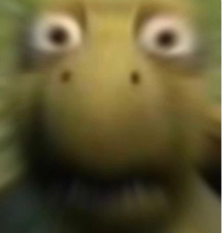 This image captures a comically startled, wide-eyed close-up of Squirt, the energetic sea turtle from Disney/Pixar's "Finding Nemo." His large, round eyes are bugged out in an expression of pure, unadulterated shock or extreme surprise, as if he's just witnessed something truly mind-blowing or heard the most outrageous gossip. The entire image is imbued with a humorous motion blur, enhancing the sense of suddenness and chaos, making it a popular meme. His yellowish-green face, with subtle dark nostrils, is framed by a very blurry, verdant background, hinting at his natural, aquatic habitat. He looks like he's just been told the ocean is actually a giant swimming pool.