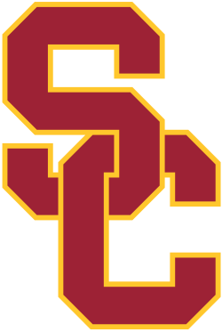 The image displays the iconic logo of the University of Southern California (USC), featuring the letters 'S' and 'C' boldly intertwined. The 'S' is positioned above and slightly to the left of the 'C', with both letters rendered in a rich cardinal red color, outlined by a vibrant gold border. The design is sharp and angular, conveying a sense of strength and tradition. The logo stands alone against a plain white background, emphasizing its prominence and instantly recognizable status. The intertwined letters exude a confident demeanor, almost as if they're flexing their academic and athletic muscles, ready to 'Fight On!' The simplicity of the background ensures all focus remains on this powerful emblem, a symbol of a renowned institution.