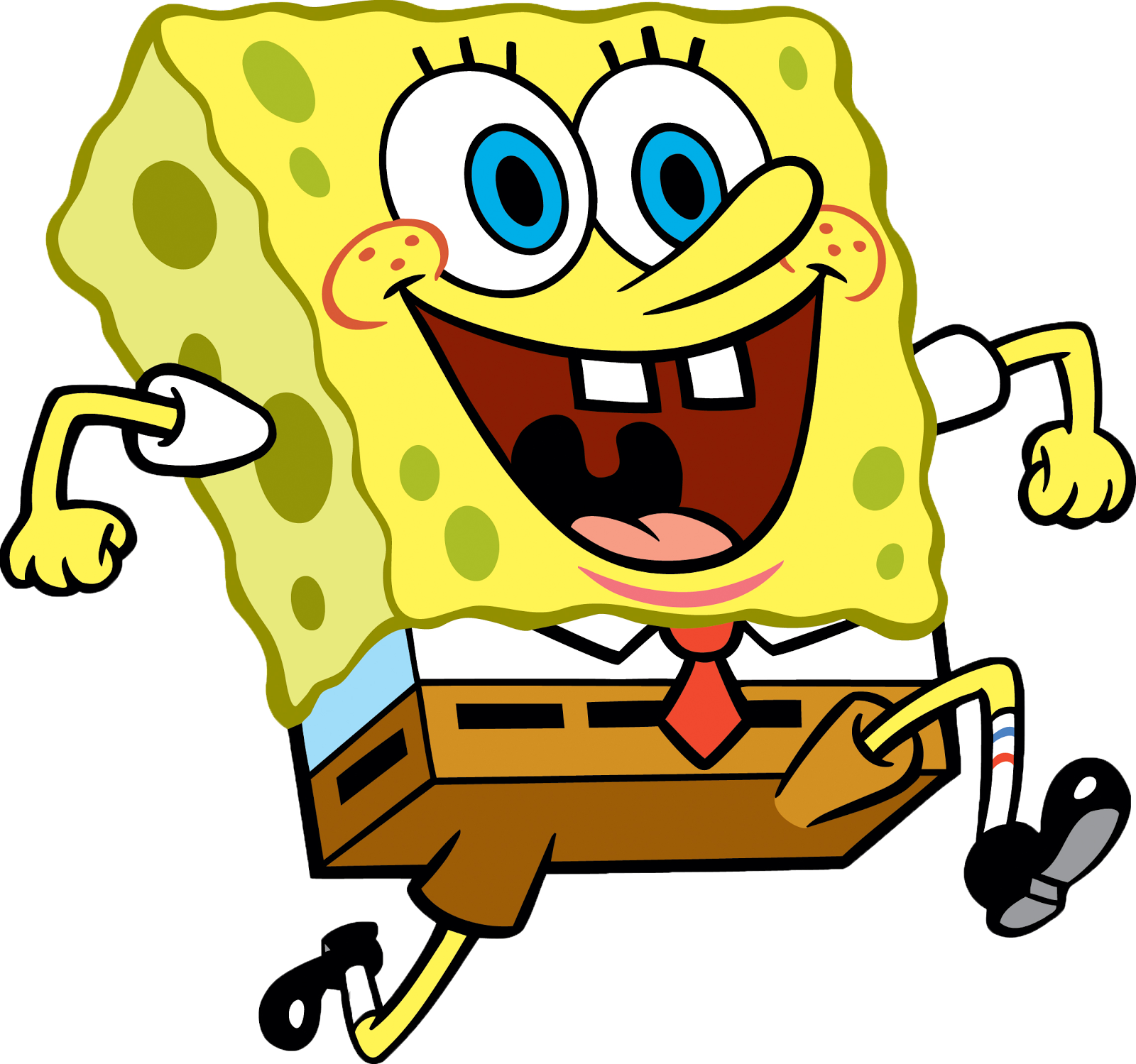 This vibrant cartoon image features SpongeBob SquarePants, the iconic character from the beloved animated TV show, in a moment of pure, unadulterated joy. He's depicted mid-stride, seemingly running or skipping with immense enthusiasm. His wide-open mouth reveals his signature two front teeth and a pink tongue, while his large, bright blue eyes sparkle with delight. Rosy cheeks and a broad smile complete his cheerful demeanor. Dressed in his classic white shirt, red tie, and brown square pants, SpongeBob's arms and legs are comically bent, emphasizing his energetic movement. The plain white background isolates him, making his bright yellow, porous form and infectious happiness the sole focus. The humor lies in his exaggerated, anthropomorphic sponge form exuding such boundless, childlike glee.