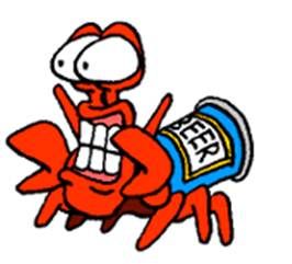 This vibrant image features the iconic "Beer Crab" from "The Ren & Stimpy Show," a character instantly recognizable by its bright red body and the prominent blue beer can serving as its shell. The crab's demeanor is comically exaggerated, with wide, startled eyes and a gaping mouth revealing a row of large, square teeth, suggesting a moment of manic surprise or perhaps an over-enthusiastic cheer. Its tiny arms are raised in a gesture of wild excitement, perfectly capturing the show's signature absurd humor. The plain white background isolates the Beer Crab, emphasizing its quirky design and making it pop, much like a character cutout. The humor lies in the sheer absurdity of a crab having a beer can for a home, a perfect embodiment of the show's irreverent spirit.