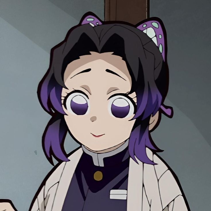 The image features Shinobu Kocho from the popular anime 'Demon Slayer: Kimetsu no Yaiba'. She is depicted with her signature gentle, yet subtly mischievous smile, her large purple eyes wide and sparkling. Her eyebrows are slightly raised, conveying a playful or perhaps even a slightly patronizing demeanor, which is a hallmark of her character. She wears her standard uniform, including the white haori and her distinctive purple-tipped black hair styled with a butterfly ornament. The background is a simple, light grey wall, providing a neutral setting that keeps the focus entirely on her expressive face. The humor lies in her characteristic 'smug' smile, often seen when she's teasing or observing others with a knowing look.