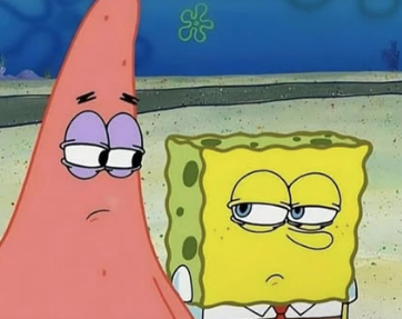 The image shows two animated characters from the TV show "SpongeBob SquarePants." On the left is Patrick Star, a pink starfish with a slightly raised eyebrow and a neutral to skeptical expression. On the right is SpongeBob SquarePants, a yellow sea sponge with a similarly skeptical or unimpressed expression. Both characters are looking sideways at each other. The background is an underwater scene with a sandy ground and a blue water backdrop with some greenish plant shapes.