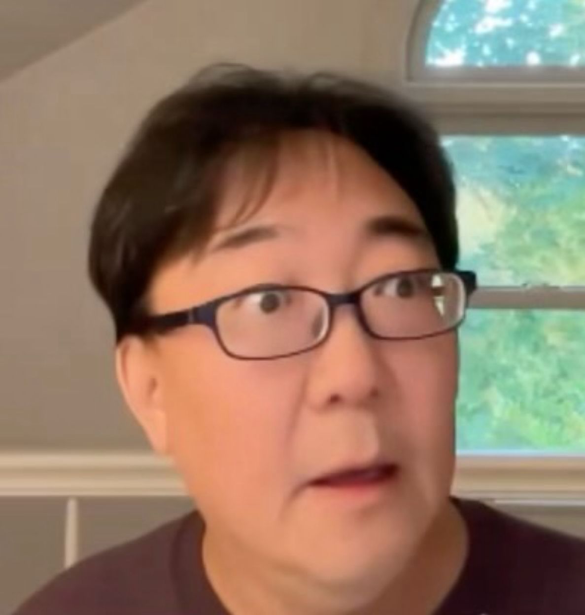 The image features a middle-aged East Asian man with dark hair and glasses, captured mid-reaction with a comically wide-eyed, surprised expression. His mouth is slightly agape, conveying a sense of shock or disbelief, reminiscent of a human 'Surprised Pikachu' meme. The background shows a light-colored interior wall and a prominent arched window looking out onto lush green foliage, suggesting a casual indoor setting. The man's exaggerated demeanor, set against the ordinary backdrop, creates a humorous juxtaposition, as if he's just heard the most unbelievable news or witnessed something utterly absurd unfold right before his eyes.