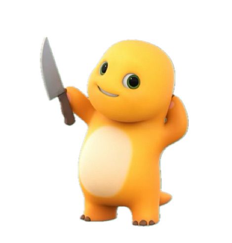 This is an image of a fictional character named Nailong, who is a yellow dinosaur. He is standing with an innocent smile, but holding a knife in his hand. He's smiling through the anger and fighting the temptation to hurt.