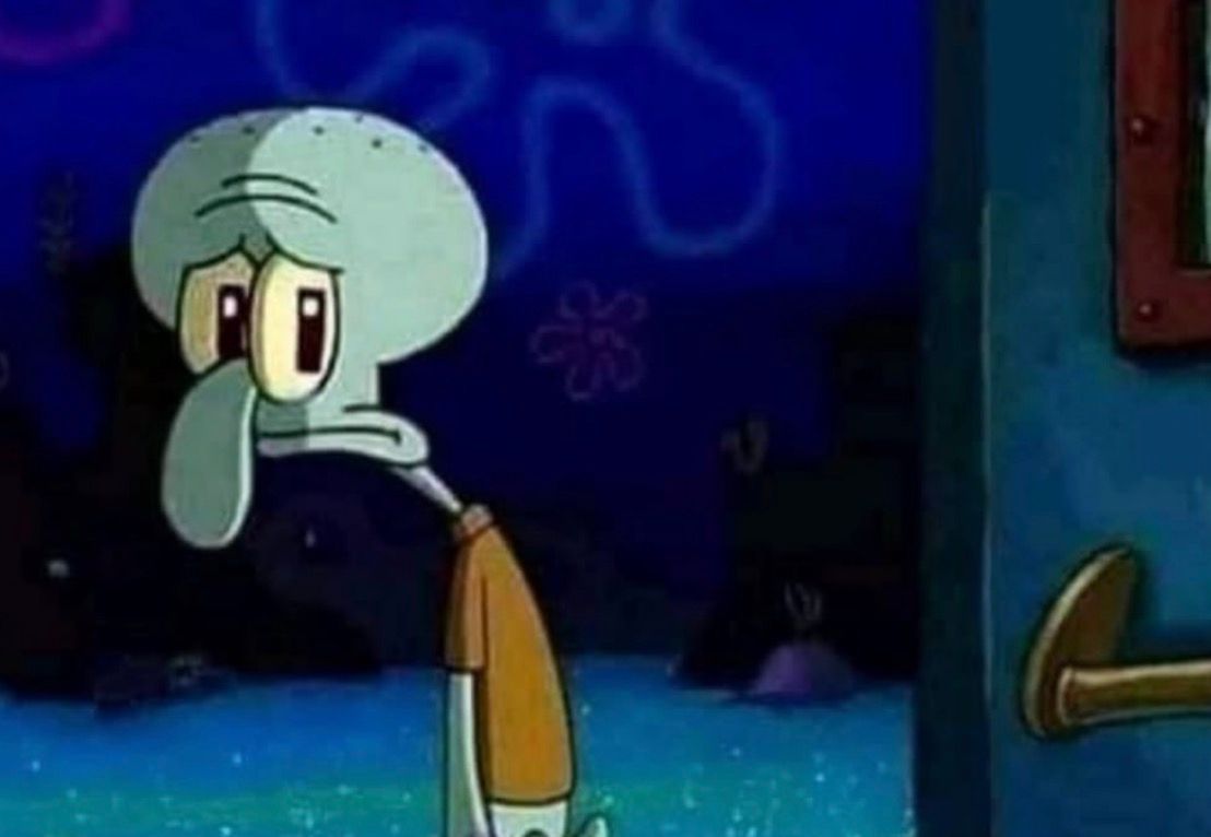 This image depicts Squidward Tentacles from SpongeBob SquarePants, looking utterly dejected and melancholic, a widely recognized 'Sad Squidward' meme. His large, heavy-lidded eyes and downturned mouth convey a profound sense of sadness and resignation. He stands with a visibly slumped posture, wearing his characteristic brown polo shirt, against a deep blue, underwater background. Faint outlines of coral and bubbles subtly reinforce the aquatic setting of Bikini Bottom, a place where Squidward often experiences his most profound ennui. A blue door with a golden handle on the right suggests he might be indoors, perhaps contemplating his latest misfortune with a humorous, exaggerated despair.