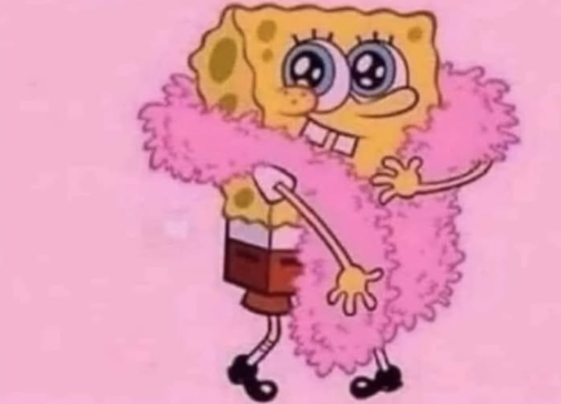 People/Characters: Spongebob Squarepants
Brands/Logos: None
Media/Meme References: Spongebob Squarepants (TV show), Spongebob meme (sparkle eyes/uwu Spongebob)
Locations/Settings: None
Other Recognizable Details: Pink feather boa