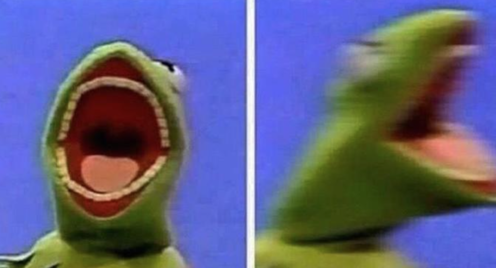 The image is a two-panel meme featuring Kermit the Frog. In the left panel, Kermit is shown with his mouth wide open, facing forward, with a clear and sharp image. In the right panel, Kermit's head is turned to the side and the image is blurred, suggesting rapid movement or shaking of the head. The background in both panels is a solid blue color.