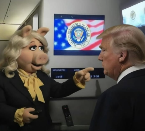 In this humorous image, Miss Piggy, a glamorous character from The Muppets, stands confidently in a sleek airplane interior, engaging with Donald Trump. Her demeanor is assertive, characterized by a sassy expression and a finger pointed at Trump, suggesting she’s delivering a witty quip or critique. Miss Piggy dons a stylish outfit, complete with a luxurious blonde wig, embodying her iconic diva personality. 

The background features a digital screen displaying the Presidential Seal and an American flag, enhancing the satirical context of their interaction, which appears to blend pop culture with political commentary. The scene humorously juxtaposes the worlds of puppetry and politics, showcasing a playful take on serious themes, as Miss Piggy seems to take charge of the conversation in her usual dramatic fashion.