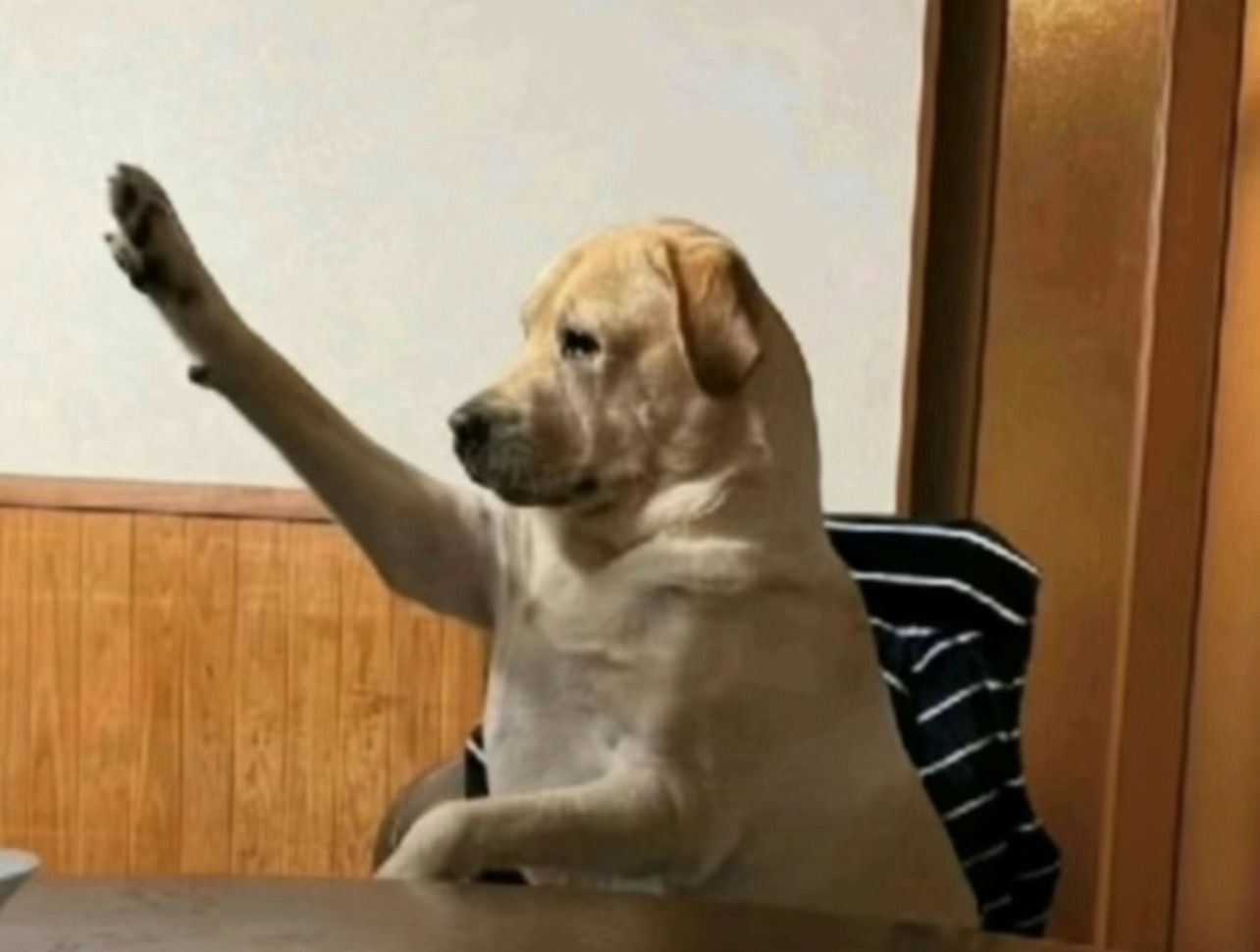In this amusing image, a dog resembling a Labrador is seated at a table, raising one paw as if to signal or answer a question. Its demeanor appears attentive and eager, exhibiting a curious expression, which adds a humorous touch to the scene. The background features a simple, wooden-paneled wall that gives a cozy, domestic feel, suggesting the dog is in a home environment, perhaps during a family gathering or a light-hearted moment. The chair behind the dog is striped, enhancing the playful atmosphere of the image. This scene humorously anthropomorphizes the dog, making it seem like it’s participating in a meeting or class, ready to share its thoughts on the topic at hand. The image captures a delightful blend of everyday life and pet charm, inviting smiles and laughter.