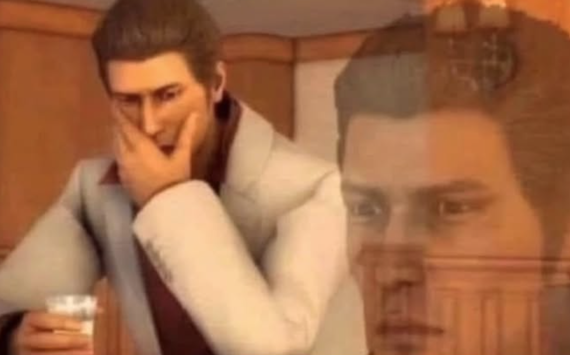 This image features Kazuma Kiryu from the popular Yakuza video game series, known for his stoic yet deeply emotional character. He is depicted in a pensive state, with his hand covering part of his face, holding a small glass. His demeanor suggests deep contemplation, perhaps regret or a moment of profound thought. The background is a simple, warm-toned interior, possibly a bar or a quiet room, which complements his introspective mood. A humorous element is the 'ghosting' or 'reflection' of his face in the background, a common meme format used to visually represent a character's inner thoughts or past regrets, adding an exaggerated, dramatic flair to his already serious expression. This meme is often used to convey relatable moments of existential dread or overthinking.