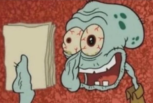 This iconic cartoon still features Squidward Tentacles from Spongebob Squarepants, captured in a moment of extreme, almost manic, exhaustion or shock. His typically cynical demeanor is replaced by a wide, unhinged grin, revealing his teeth, while his eyes are grotesquely bloodshot and bulging, with prominent dark circles underneath. He holds a substantial stack of papers in his left hand, humorously suggesting he's been driven to this state by overwhelming tasks or paperwork. The simple, textured red background, typical of the show's animation, intensifies the focus on Squidward's exaggerated expression. This image is a popular meme, perfectly encapsulating feelings of being overworked, sleep-deprived, or utterly overwhelmed by life's demands.