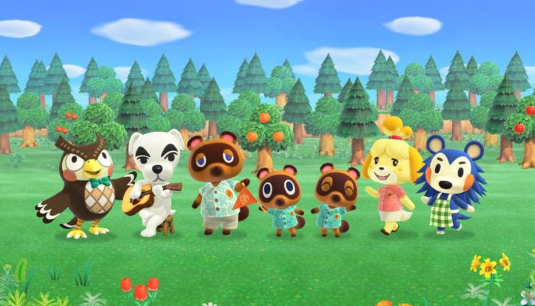 The image showcases beloved characters from *Animal Crossing: New Horizons* in a cheerful, vibrant outdoor setting. In the foreground, K.K. Slider, the musical dog, strums a guitar, exuding a laid-back, friendly vibe. Beside him, Tom Nook stands with his raccoon nephews, Timmy and Tommy, who are dressed adorably in matching outfits, looking eager and engaged. Isabelle, the ever-cheerful assistant, beams with enthusiasm, while the blue lion character adds a touch of whimsy to the ensemble.

The lush green background, filled with trees and orange trees, enhances the idyllic nature of the scene, reflecting the game's theme of community and nature. The characters’ expressions and playful postures convey a sense of camaraderie and joy, making it feel like a delightful day in their charming village. The overall atmosphere evokes a lighthearted, playful spirit, perfectly embodying the essence of *Animal Crossing*.