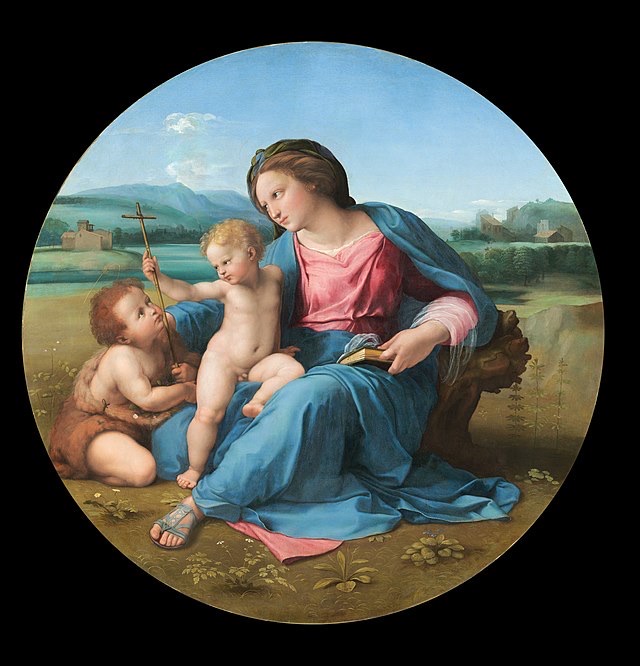 Raphael's 'Madonna della Tenda' beautifully captures the Virgin Mary, Jesus Christ, and Saint John the Baptist in a tender, intimate moment. Mary, draped in serene blue and pink, gazes down with a contemplative demeanor, holding a small book. Baby Jesus, seated on her lap, playfully reaches for the reed cross held by a kneeling Saint John the Baptist, who looks up at Jesus with an earnest, almost worshipful expression. The background is a tranquil, pastoral landscape with distant castles and a body of water, providing a timeless, idyllic setting that grounds the divine figures in a natural world. The humorous element lies in Jesus's baby-like grab for the cross, as if it were a new toy, while John dutifully presents it, creating a charming, almost sibling-like dynamic amidst the profound religious symbolism.