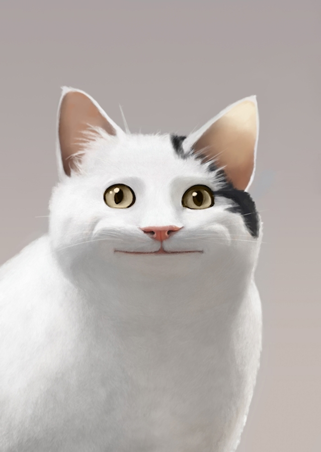 The image features a charming, cartoonish white cat with large, expressive golden eyes and a small, contented smile. Its unique fur pattern includes a patch of black on its head, adding to its endearing appearance. The cat seems to exude a cheerful and playful demeanor, as if it’s just shared a delightful secret.

The soft, neutral background enhances the cat's features, drawing attention to its whimsical expression. The simplicity of the backdrop suggests a lighthearted context, inviting viewers to focus solely on the cat's charming personality. 

This delightful creature might just be pondering the profound mysteries of life—like whether to chase a laser pointer or nap. Its facial expression humorously conveys a sense of satisfaction, as if it knows it’s the star of the show, ready to win hearts with its adorable antics.