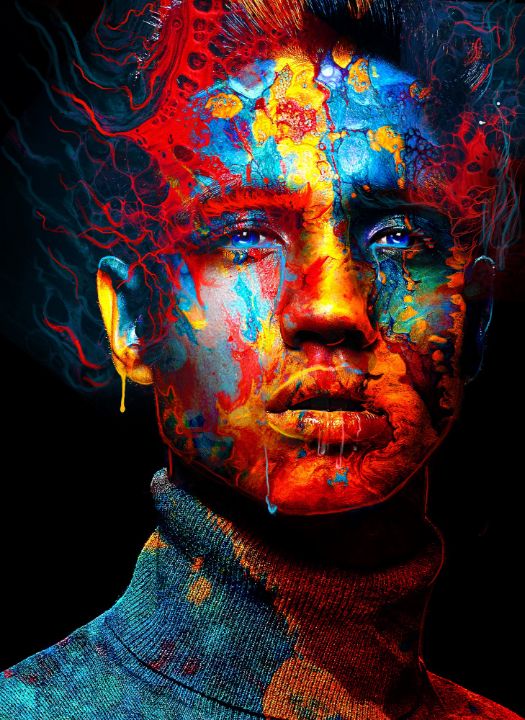 The image features a striking portrait of a person adorned with vibrant, swirling colors that seem to drip and flow, creating an almost psychedelic effect. The subject's expression is intense and contemplative, with a piercing gaze that draws the viewer in. Their skin is partially obscured by the vivid hues of blue, orange, and red, which evoke a sense of creativity and chaos.

The background is dark, enhancing the brightness of the colors and focusing attention on the subject's face. This contrast suggests a deeper emotional or artistic message, perhaps symbolizing the inner turmoil or the vibrant thoughts of the individual.

This artwork may evoke humor through the exaggerated colors and the notion of a person literally "exploding" with creativity, almost as if their thoughts are manifesting in a colorful eruption. It captures a playful yet profound exploration of identity and expression.