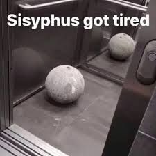 This image humorously depicts two spherical, grey, textured objects, resembling miniature moons or heavy boulders, resting on the tiled floor of a modern elevator. One is in the foreground, with its reflection visible in the polished metal wall behind it. The text overlay, "Sisyphus got tired," provides the comedic context. The 'boulders' appear to have been abandoned, their journey paused, suggesting the mythical Sisyphus has finally found a modern, effortless way to transport his eternal burden, or perhaps simply given up on the arduous task. The sterile, metallic elevator environment contrasts sharply with the ancient, endless struggle, highlighting the absurdity and relief of this 'tired' Sisyphus.