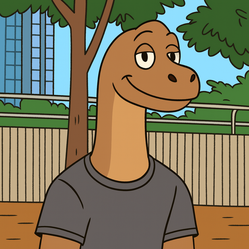 This image, rendered in the distinctive animated style of Bojack Horseman, features an anthropomorphic brown dinosaur with a long neck, sporting a casual grey t-shirt. The dinosaur's demeanor is one of subtle smugness and confidence, with a slight smirk and half-lidded eyes that suggest a knowing, perhaps slightly mischievous, amusement. The background depicts an urban park setting, complete with a sturdy tree trunk, green bushes, and a light-colored picket fence. In the distance, a modern building with multiple windows rises against a clear blue sky, grounding the scene in a contemporary, city environment typical of the show's Los Angeles backdrop. The humor lies in the dinosaur's remarkably human-like, 'too cool for school' expression, perfectly at home in this everyday, yet absurdly populated, world.