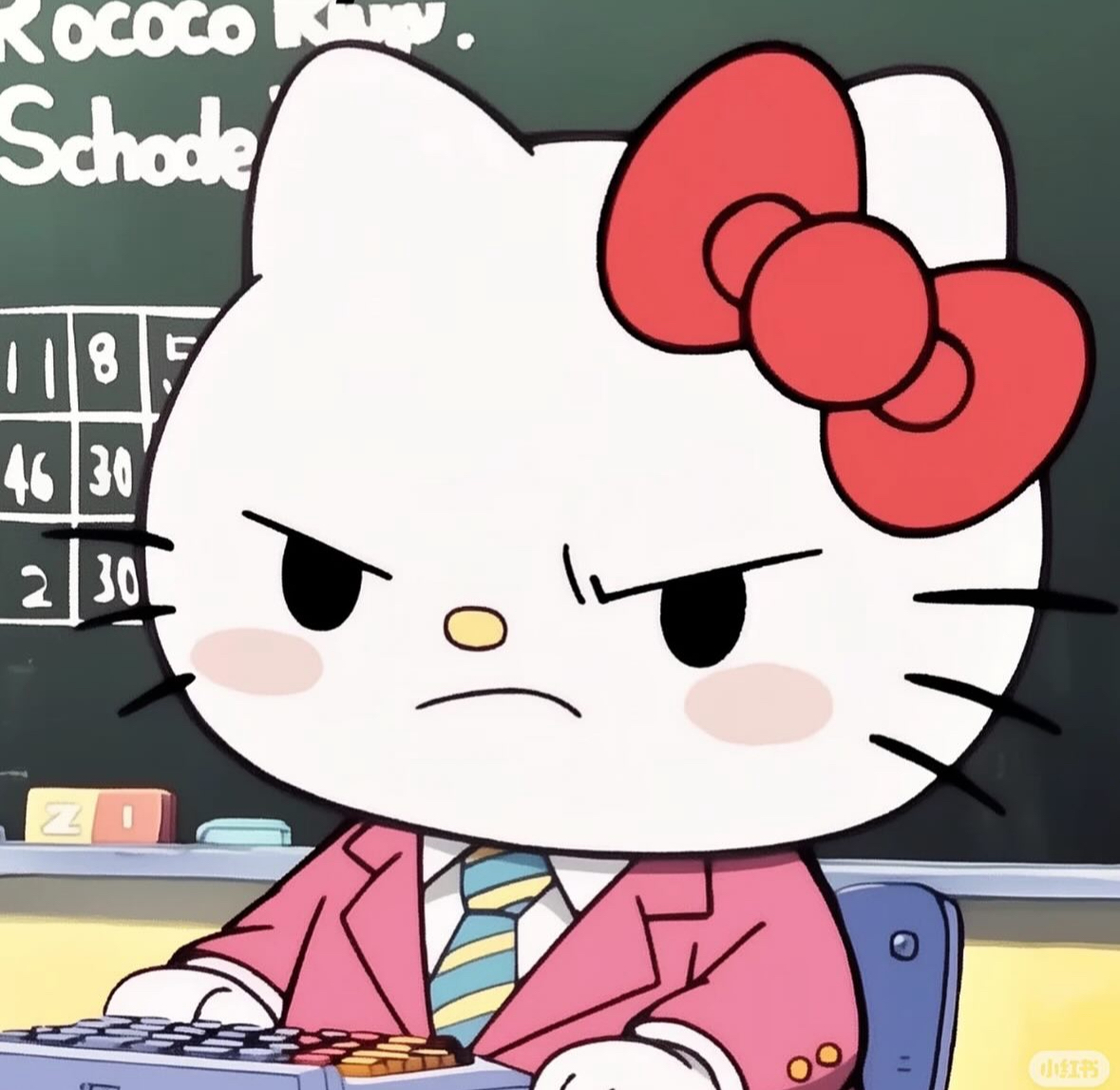 In this image, Hello Kitty, typically known for her cute and cheerful demeanor, is portrayed with a serious expression, seated at a desk in a classroom environment. She wears a bright pink suit and a striped tie, which gives her an amusingly formal appearance. The stern look on her face adds a humorous twist, contrasting sharply with her usual persona.
The background features a chalkboard with numbers written on it, suggesting a lesson in progress. The juxtaposition of Hello Kitty's serious demeanor against the playful context of a classroom creates a delightful irony. It seems she might be taking on the role of a strict teacher, possibly scolding the class for not paying attention. This unexpected portrayal invites laughter, showcasing how a beloved character can take on a new, comical role.
