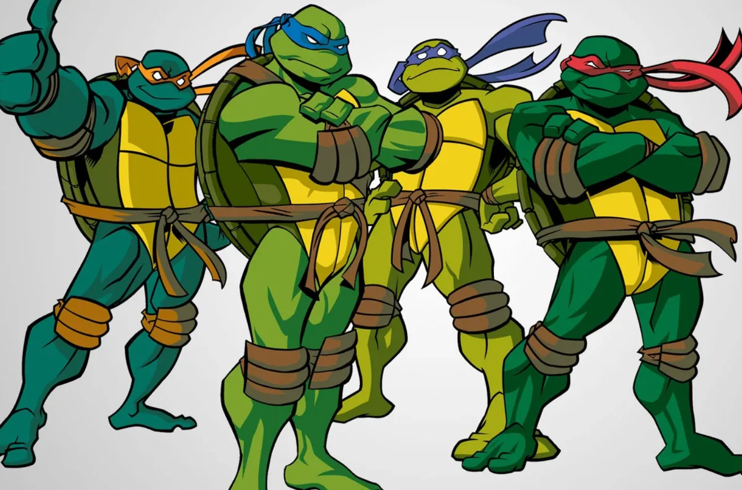 This vibrant image showcases the iconic Teenage Mutant Ninja Turtles in their classic cartoon art style, ready for action against a plain, light grey background that emphasizes their dynamic presence. From left to right, Michelangelo, with his orange bandana, flashes a cheerful thumbs-up and a wide grin, exuding his usual fun-loving demeanor. Leonardo, in blue, stands firm with clenched fists and a determined expression, embodying his leadership. Donatello, wearing purple, appears thoughtful yet prepared, while Raphael, in red, crosses his arms with a characteristic scowl, projecting his tough and rebellious attitude. The distinct personalities are humorously evident in their poses, highlighting the beloved anthropomorphic heroes from the popular 'Teenage Mutant Ninja Turtles' franchise, poised for their next adventure.