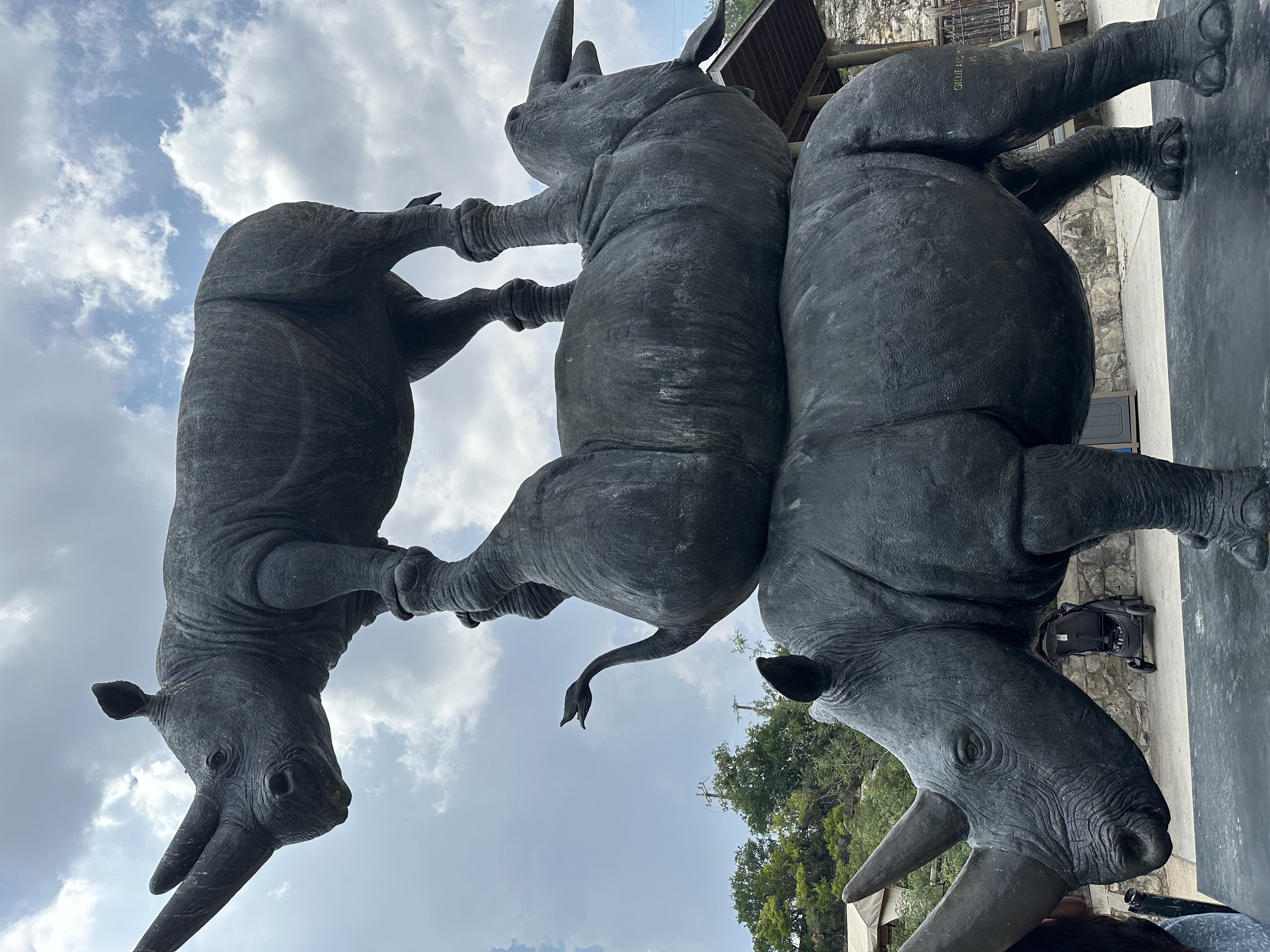 The image features a whimsical sculpture of three rhinoceroses stacked atop one another, with the top rhino balancing precariously. The bottom rhino appears sturdy and grounded, while the middle one is in a playful pose, lifting its legs slightly as if in a humorous attempt to show off. The top rhino stands confidently, its expression suggesting a mix of pride and mischief.
The background reveals a natural setting with lush greenery, hinting at a zoo or wildlife park environment, which complements the playful theme of the sculpture. The cloudy sky adds a dramatic flair, emphasizing the height of the sculpture.
This clever arrangement invites laughter, as it anthropomorphizes the rhinos in a humorous light, suggesting they might be competing for the title of "King of the Rhinos." The overall vibe is lighthearted and entertaining, making it a delightful attraction for visitors.