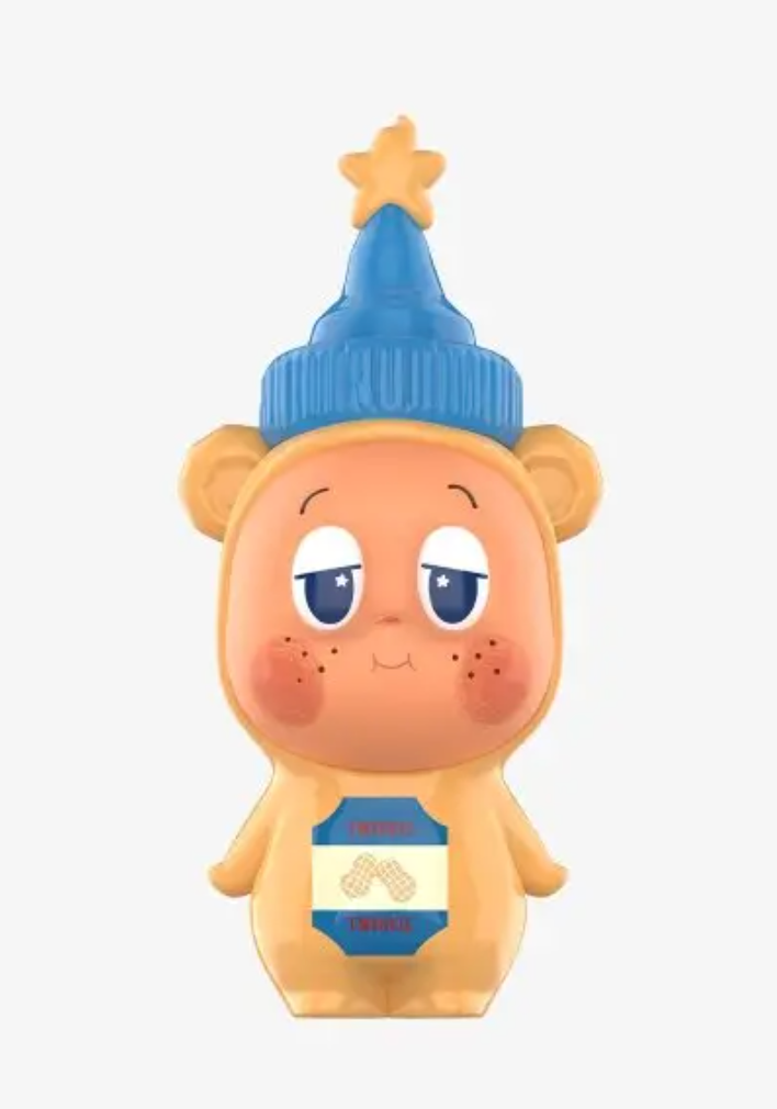 This image features an adorable, anthropomorphic honey bear bottle with a sleepy yet content demeanor. Its light orange body resembles a cozy bear suit, complete with small ears. The character has large, half-closed eyes with blue irises, rosy cheeks dotted with freckles, and a tiny, curved smile. A bright blue, ribbed cap, topped with a cheerful yellow star, serves as its head. On its chest, a blue label displays two waffle-like shapes, hinting at its sweet contents. The plain white background isolates this charming figure, making it appear as if it's just woken up from a delightful dream, perhaps about waffles and honey. Its drowsy expression and whimsical design create a humorous and endearing presence.