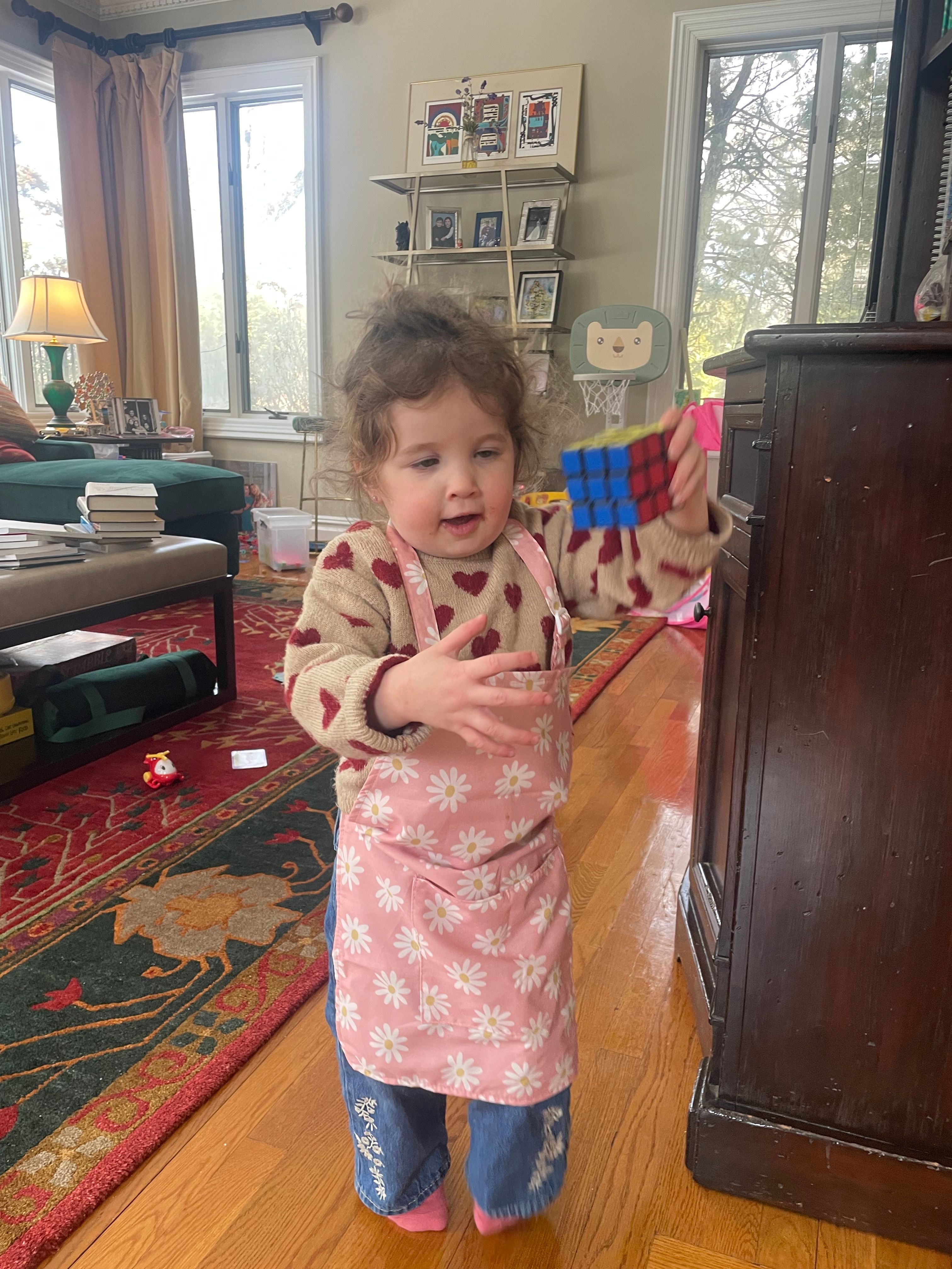 This charming image captures a curly-haired toddler, beaming with a playful expression, seemingly mid-sentence or giggle. Dressed in a heart-patterned sweater, a delightful daisy-print apron, and embroidered jeans, the child holds a Rubik's Cube, perhaps contemplating its complex solution. The background reveals a cozy, sunlit living room, complete with a patterned rug, a plush green couch, and a dark wooden cabinet. Large windows showcase a leafy outdoor scene, suggesting a comfortable home environment. A small lion-faced basketball hoop on the wall hints at a child-friendly space. The humor lies in the toddler's earnest engagement with the Rubik's Cube, a puzzle typically for older minds, while sporting an adorable apron, creating a wonderfully innocent and determined scene. As per the provided context, I did not find any famous or recognizable content in this image.