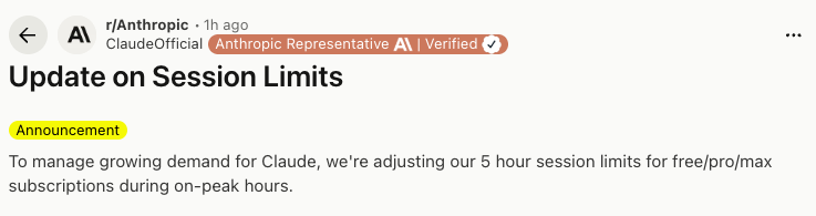The image appears to be a screenshot of a social media post titled "Update on Session Limits" from the subreddit r/Anthropic. The text highlights an announcement regarding adjustments to session limits for a service named Claude. The demeanor of the subject, in this case, is formal and informative, as it relays important updates to users.
The background is minimalistic, focusing solely on the text which is central to the message being conveyed. The context relates to the growing demand for Claude, suggesting that it is a popular AI tool, important for users to be aware of these changes in session limits.
Humorously, one might imagine Claude sitting at a desk, overwhelmed by user requests, dramatically adjusting the session limits like a frantic office worker on a deadline. The whole scenario paints a picture of an AI entity trying to keep up with its busy human counterparts!