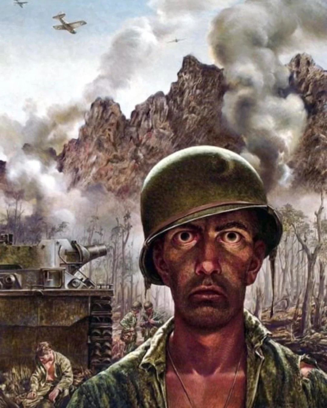 This painting depicts a soldier with an intensely wide-eyed, shell-shocked expression, his face grimy and his gaze fixed forward in what appears to be utter bewilderment or terror. He wears a combat helmet and a torn uniform. The background is a chaotic warzone, with rugged mountains, billowing smoke from explosions, and warplanes in the sky. A tank is visible to his left, and other soldiers are in the distance, reinforcing the context of intense combat. The exaggerated, almost cartoonish size of his eyes lends a darkly humorous, meme-like quality to his profound distress, as if he's just realized he left the stove on during a full-scale invasion. This iconic image, often attributed to Peter Hurd, powerfully conveys the psychological toll of war, capturing a moment of extreme mental strain amidst the physical chaos.