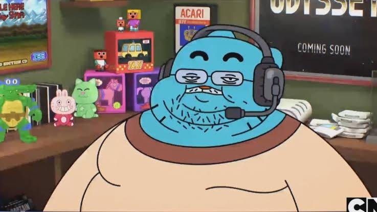 This image features Richard Watterson from "The Amazing World of Gumball," sporting an intensely focused "gamer face" while wearing a headset with a microphone. His blue, furry face is adorned with glasses and a five o'clock shadow, giving him a comically serious demeanor as he seemingly dives deep into a virtual world. The background is a delightful clutter of pop culture references, including various cartoonish toys like a green turtle and a pink rabbit, alongside a poster for "ACARI" (a clear nod to Atari) and a sign proclaiming "ODYSSEY COMING SOON." This setup perfectly captures the humorous essence of a dedicated, albeit slightly disheveled, cartoon dad fully immersed in his gaming, oblivious to the world around him.