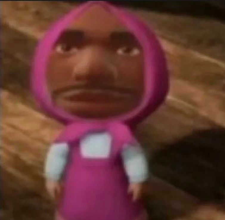 The image features a highly recognizable internet meme: the character Masha from the animated series 'Masha and the Bear,' but with a realistic, dark-skinned male face superimposed. The face, complete with a mustache, sports a remarkably serious, almost deadpan or unamused expression, creating a humorous and unsettling juxtaposition with Masha's child-like pink dress and headscarf. The subject's demeanor is one of profound stoicism, perhaps even mild disapproval, which is the core of the meme's appeal. The blurry, warm-toned background, possibly depicting wooden planks or a rustic interior, is consistent with the show's setting but serves primarily to highlight the bizarre foreground. This image is a popular cultural reference, often used to convey a sense of judgment or bewilderment.