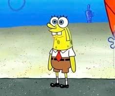 This image features a comically distorted Spongebob Squarepants, a beloved character from the "SpongeBob SquarePants" animated series, in a pose that has become a popular internet meme. His usually square head is elongated and slightly deflated, with wide, bulging eyes and a small, open mouth, conveying a demeanor of intense bewilderment, awkwardness, or deep concentration. He wears his iconic white shirt, red tie, and brown shorts. The background is the familiar sandy seafloor of Bikini Bottom, transitioning into the blue underwater environment. In the upper right, the faint outline of Squidward Tentacles' distinctive tiki house is visible, firmly placing the scene within the show's context. The humor lies entirely in Spongebob's exaggerated, meme-worthy expression, which perfectly encapsulates a feeling of uncomfortable observation or confusion.