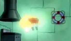 The image features SpongeBob SquarePants, the beloved cartoon character from the animated series of the same name. SpongeBob appears to be in a comical predicament, likely in the kitchen of the Krusty Krab, where his antics often lead to humorous chaos. His demeanor likely reflects his signature optimism and enthusiasm, even in the face of mishaps. The background includes a life preserver, hinting at the underwater setting of Bikini Bottom, adding to the comedic context. The scene captures a classic moment from the show, where SpongeBob's exuberance often leads to slapstick humor, as he navigates the challenges of cooking and serving Krabby Patties. This blend of colorful animation and whimsical situations makes it a quintessential representation of the show's charm.