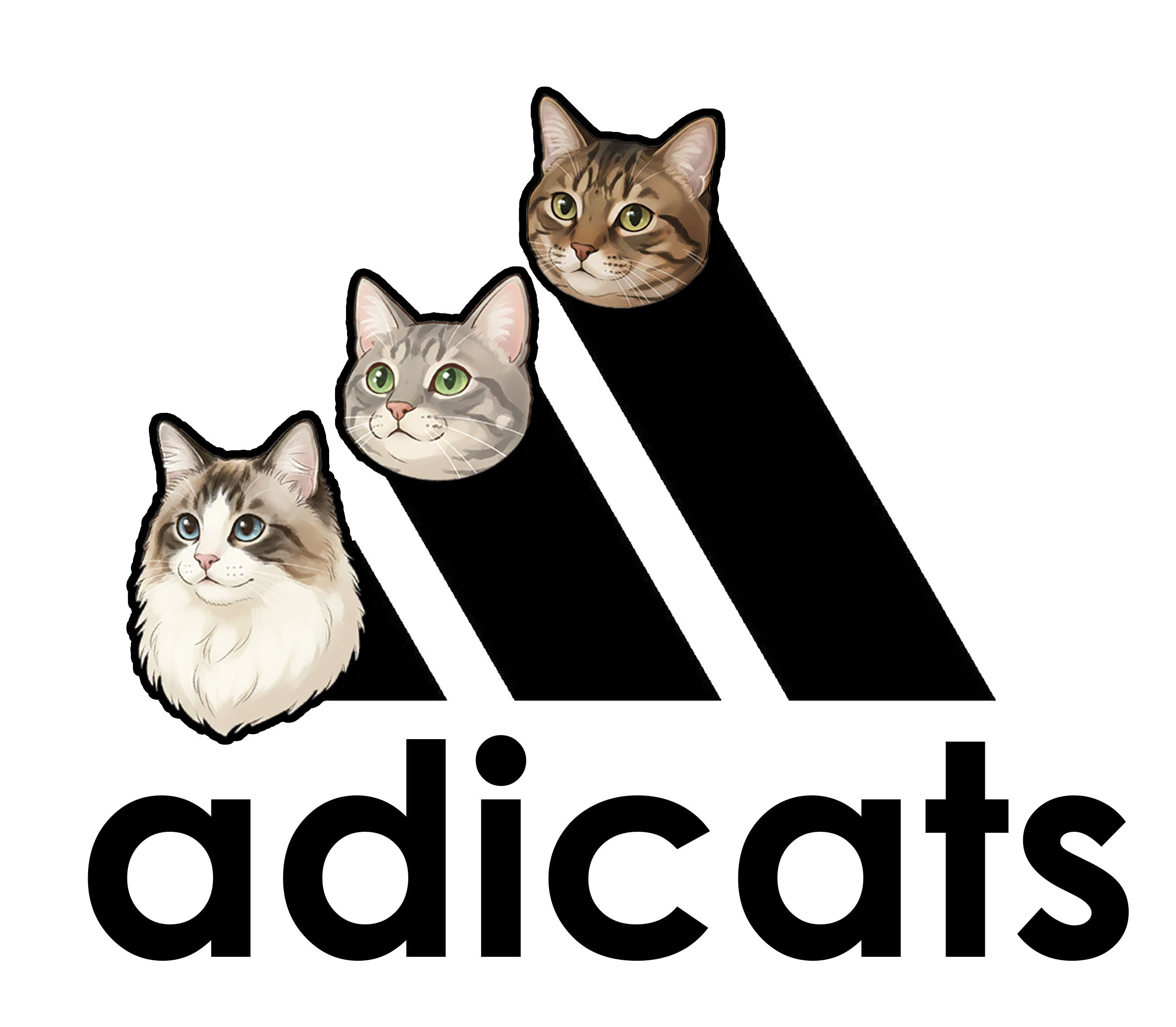 This image is a humorous parody of the iconic Adidas logo, cleverly rebranded as "adicats." Three distinct cat heads replace the classic three stripes, each with a unique and charming demeanor. The leftmost cat, a fluffy white and brown feline with striking blue eyes, sports a gentle, almost smiling expression. The middle cat, a grey tabby with bright green eyes, looks calmly ahead with a hint of curiosity. The largest, rightmost cat, a brown tabby with olive eyes, appears more focused and determined. The cats collectively exude a playful yet confident attitude, perfectly embodying the brand's athletic spirit with a feline twist. The stark white background allows the black logo and colorful cat faces to stand out, emphasizing the clever visual pun and the lighthearted nature of this cultural reference.