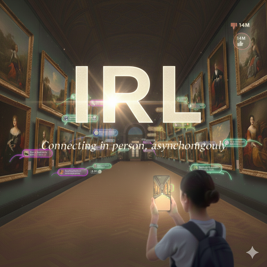 This image depicts a person from behind, wearing a backpack, engrossed in their smartphone within a grand art gallery. The long hallway is lined with classical paintings, but the scene is heavily augmented with digital overlays. Large glowing text "IRL" dominates, with the phrase "Connecting in person, asynchomgouly" (humorously misspelled) below. The phone screen mirrors this augmented reality view. Numerous glowing speech bubbles, profile icons, and even exaggerated '14M' likes/dislikes are plastered over the traditional artworks. The humor lies in the stark contrast between the timeless art and the ephemeral digital chatter, ironically commenting on modern 'in-person' connections being mediated by screens and social media, even in culturally rich environments.