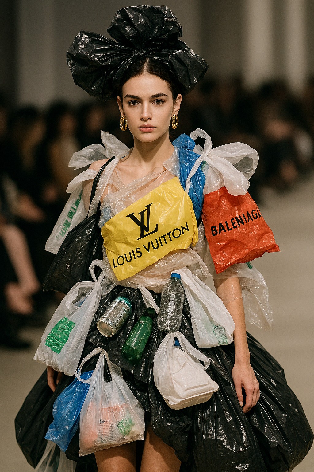 This striking image features a model on a fashion show runway, exuding a serious and composed demeanor, typical of high fashion. She wears an avant-garde 'dress' constructed entirely from various plastic bags and discarded items, making a powerful statement on consumerism and waste. Prominently featured are a yellow Louis Vuitton shopping bag and a red Balenciaga bag, alongside clear plastic bags, empty bottles, and cans. The blurred background of an audience reinforces the setting as a high-fashion event, highlighting the deliberate artistic commentary. The humor lies in the audacious juxtaposition of luxury brand names with literal trash, turning societal waste into a runway spectacle and ironically questioning disposable culture within the very industry it critiques.