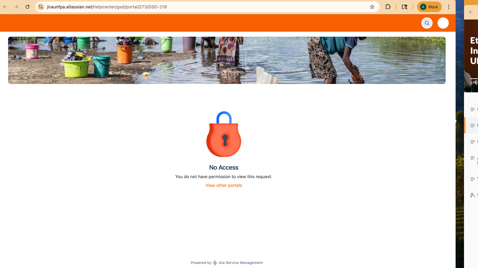 This image displays a web browser showing a 'No Access' message, dominated by a large, red padlock icon with a blue shackle. The padlock, acting as a digital bouncer, appears quite smug in its authority, firmly stating, 'You do not have permission to view this request.' Humorously, this stern gatekeeper stands before a vibrant banner image depicting people, likely women, washing clothes in a shallow body of water. Colorful plastic buckets are scattered around them, adding a touch of everyday life to the scene. The active, communal background starkly contrasts with the foreground's prohibitive digital message, creating a comical disconnect as if the padlock is guarding a very busy, watery laundromat. No famous content or cultural references were identified in this image.