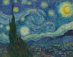 This iconic painting, Vincent van Gogh's 'The Starry Night,' depicts a dramatic nocturnal landscape. A colossal, dark cypress tree on the left stands like a stoic, slightly overwhelmed observer, reaching towards the heavens. Its demeanor is one of quiet contemplation amidst the cosmic spectacle. The background is a breathtaking swirl of deep blues and vibrant yellows, where the crescent moon and numerous stars appear to be having an exuberant, celestial dance party, completely oblivious to earthly concerns. Below, a tranquil village with a prominent church steeple sleeps peacefully, seemingly unaware of the magnificent, swirling rave happening directly above. The dynamic, almost frenetic energy of the sky contrasts humorously with the serene, grounded village, creating a sense of profound wonder and a touch of cosmic whimsy.