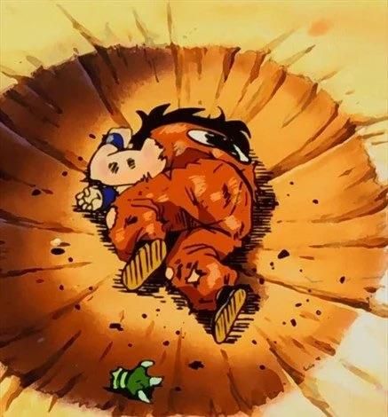 This image features Goku and Krillin, two beloved characters from the anime series Dragon Ball Z. Goku, in his iconic orange gi, lies on the ground looking slightly dazed, while Krillin, his close friend, is perched on Goku's chest, appearing concerned yet slightly humorous in the situation. The background is a crater-like formation, emphasizing the intense action typical of the series. This scene likely follows a fierce training session or battle, capturing both the physical toll and camaraderie between the characters. The comedic element lies in the absurdity of Krillin's worried expression juxtaposed with Goku's typically carefree demeanor, making it a classic moment of friendship amidst chaos. The image reflects the show's blend of intense action and lighthearted moments, resonating with fans through its humor and emotional depth.